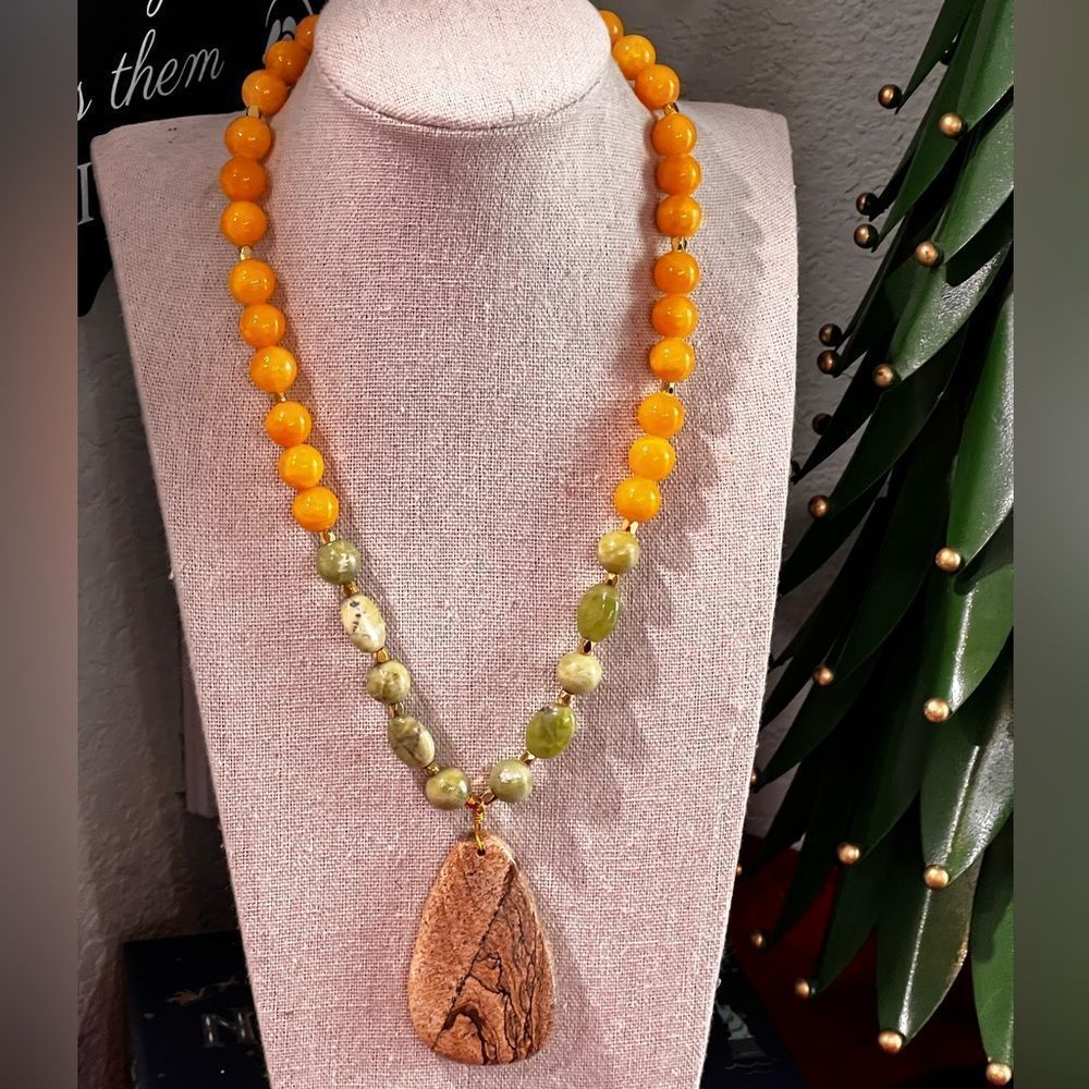 Barse Genuine Stones Pomelo Picture Jasper Necklace #BJNK7